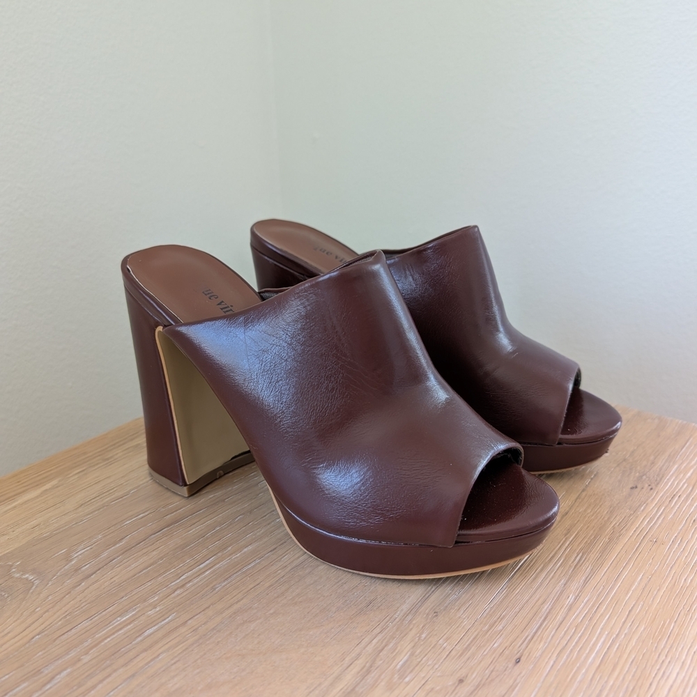 Vintage 70's Leather Peep-Toe Platform Chunky Heel Mules In Burgundy - Size 7